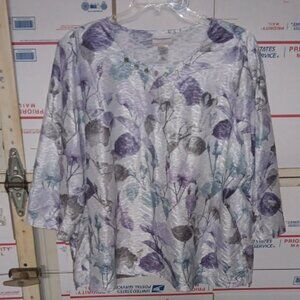Alfred Dunner Size 3X Floral V-Neck Blouse - Purple and Gray (SKU N199)